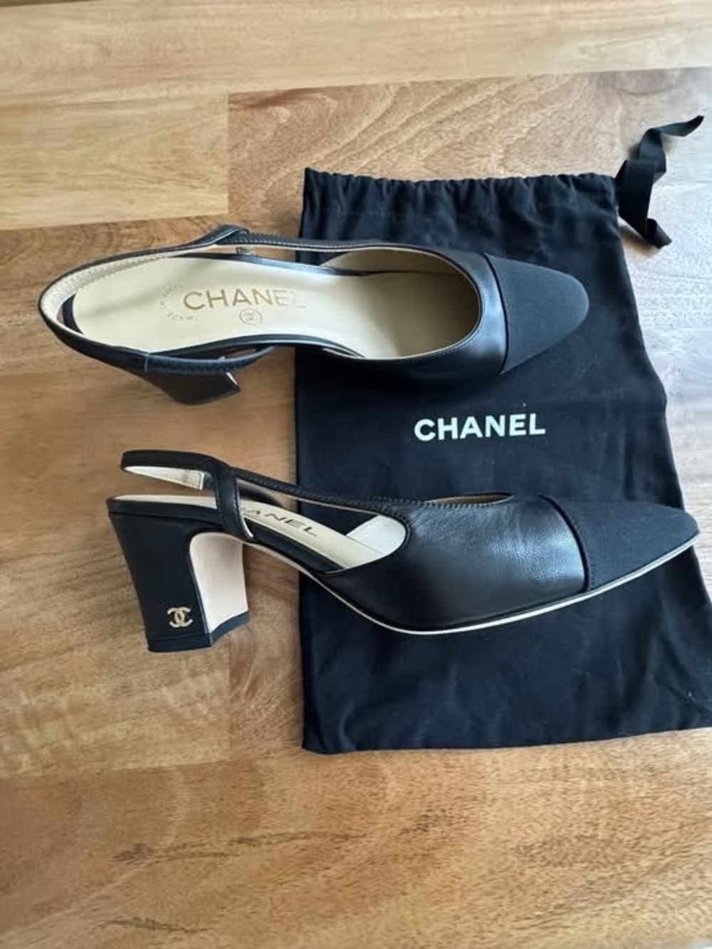 CHANEL Black Leather and Fabric Slingback Block Heels